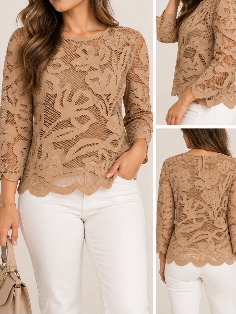 Chico's Tan Floral Lace Overlay Long Sleeve Top